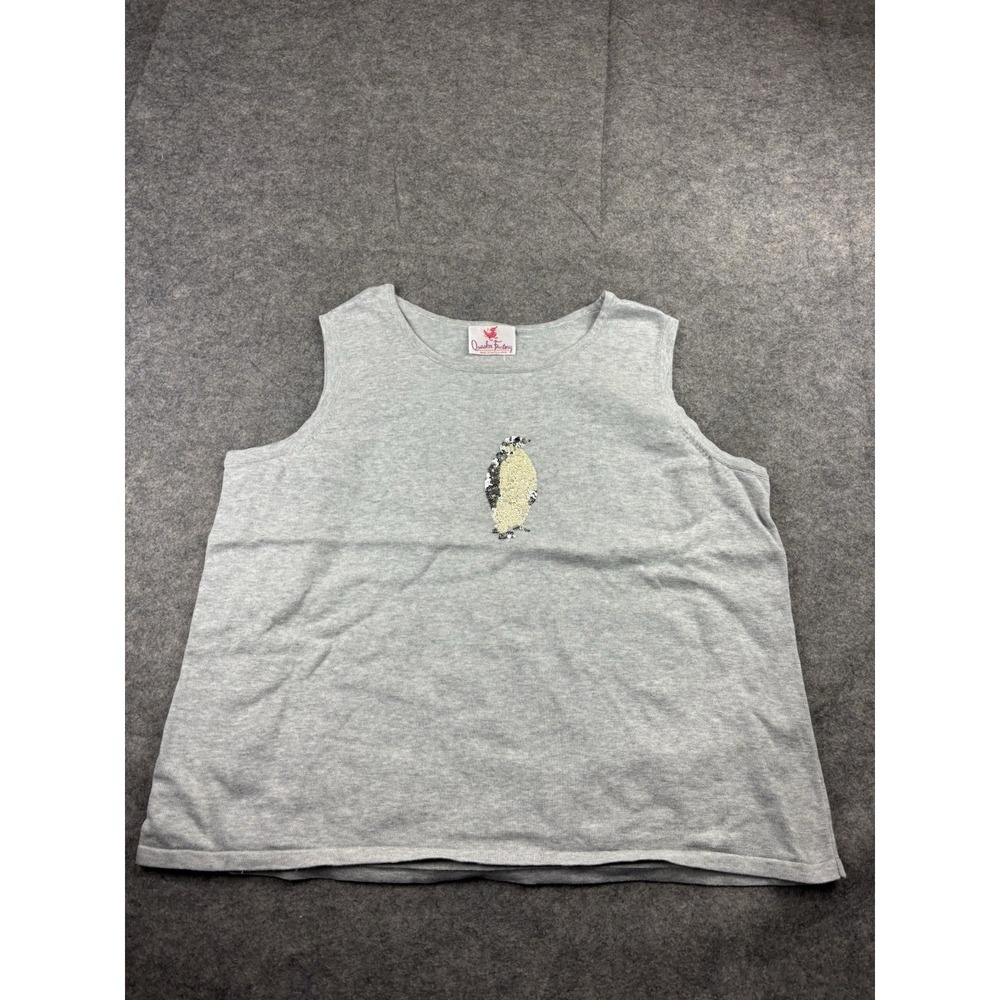 Quacker Factory Top Women 2XL Gray Knit Tank Sequin Penguin Sleeveless SEE